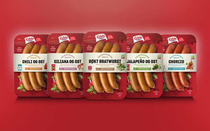 Pølsemakerens Beste, har fått ny emballasje, og pakkes nå på et resirkulerbart pappbrett Pølsemakerens Beste, har fått ny emballasje, og pakkes nå på et resirkulerbart pappbrett