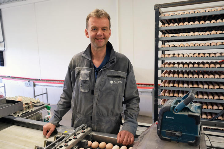 Bilde av styreleder Johan Narum i Nortura. Han er kledd i grå arbeidsdress med Norturas logo, står inne i eggpakkeriet på gården sin. I bakgrunn ser vi et stativ med rugegg. Bilde av styreleder Johan Narum i Nortura. Han er kledd i grå arbeidsdress med Norturas logo, står inne i eggpakkeriet på gården sin. I bakgrunn ser vi et stativ med rugegg.